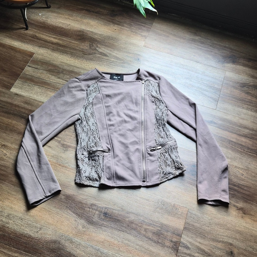 Active USA Women Mauve Taupe Lace Panel Moto Jacket Large Whimsigoth edgy chic